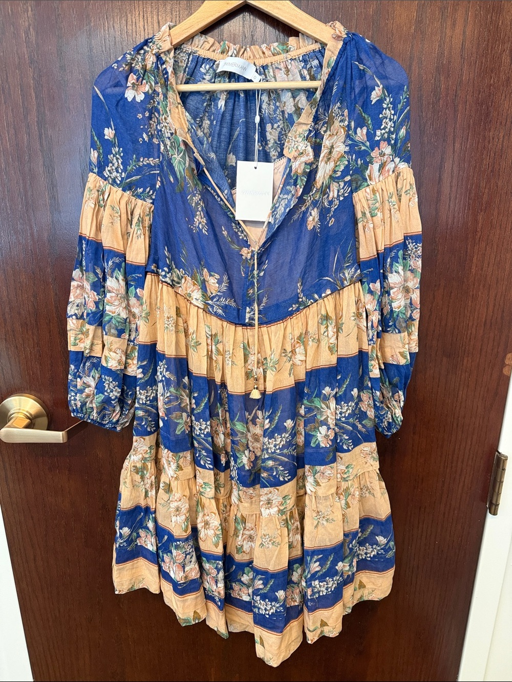 Zimmermann Blue and Peach Floral Tiered Mini Dress